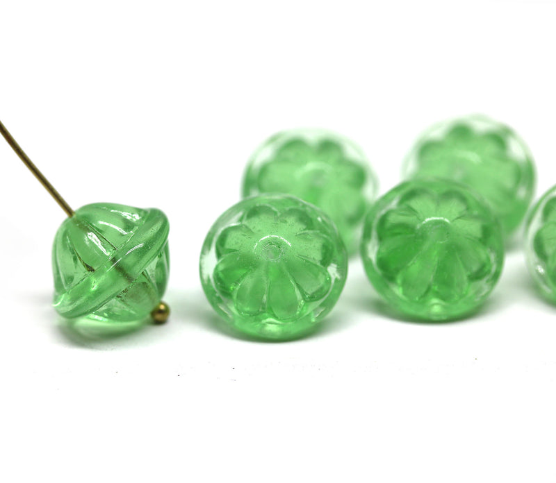 Large fancy bicone beads, Grass green carved authentic Czech glass