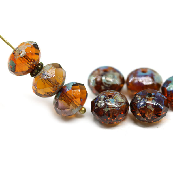 7x11mm Dark topaz rondelle picasso Czech glass beads fire polished, 8pc