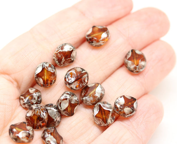 9x8mm Picasso topaz flat oval wavy czech glass beads, silver wash 15Pc