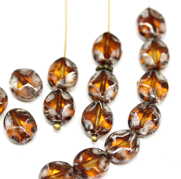 9x8mm Picasso topaz flat oval wavy czech glass beads, silver wash 15Pc