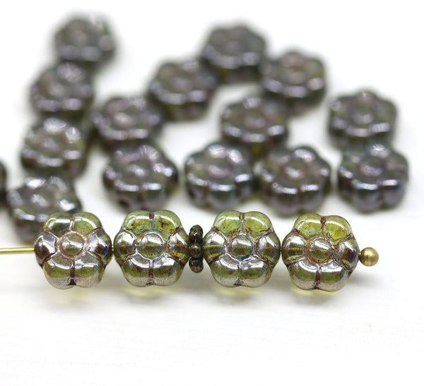 8mm Olivine picasso Flower beads, czech glass 20pc