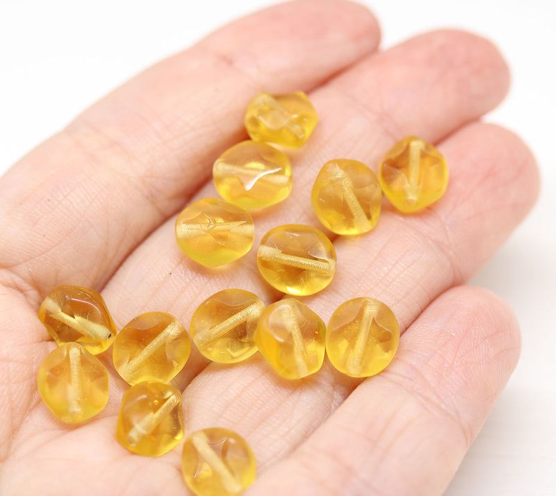 9x8mm Yellow flat oval wavy czech glass beads, 15Pc