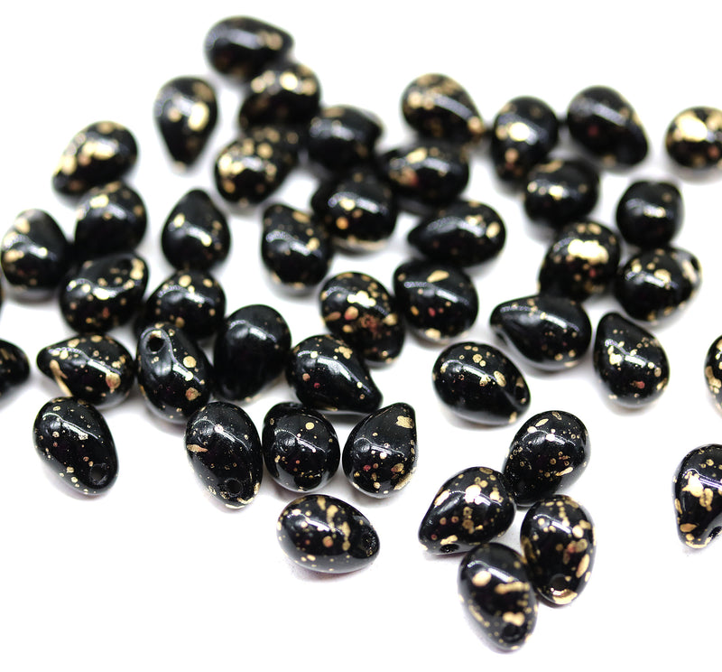 5x7mm Jet black teardrops pressed Czech glass beads, gold wash, 50pc