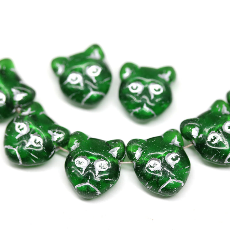 Emerald green cat head beads, Silver inlays Czech glass feline beads