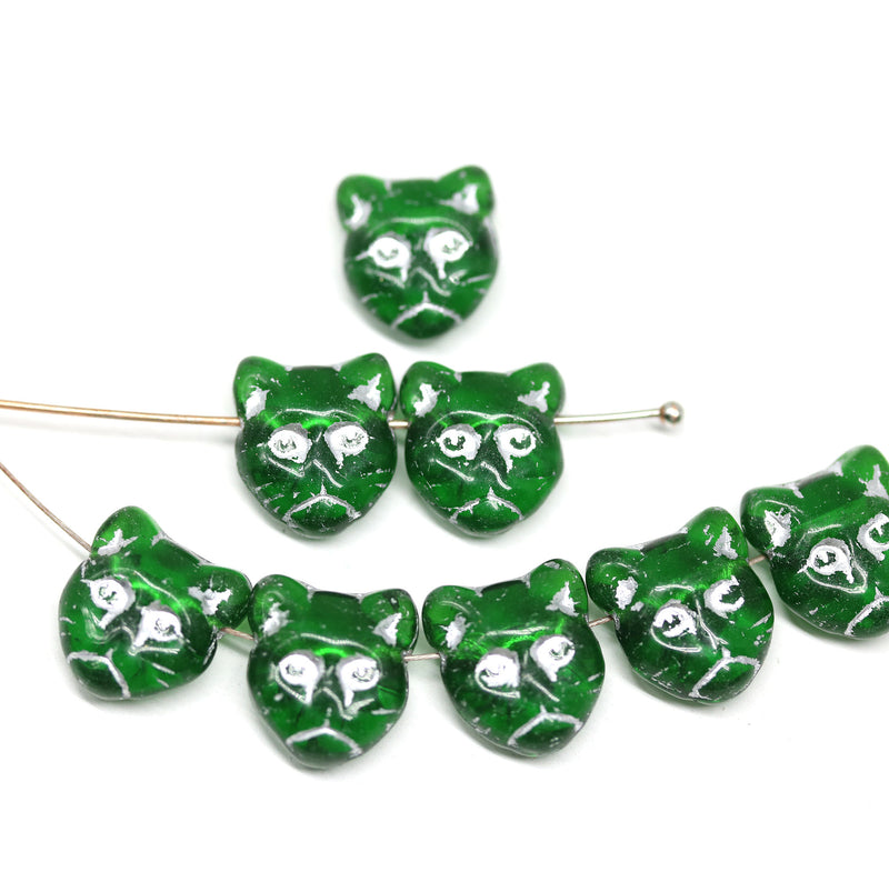 Emerald green cat head beads, Silver inlays Czech glass feline beads