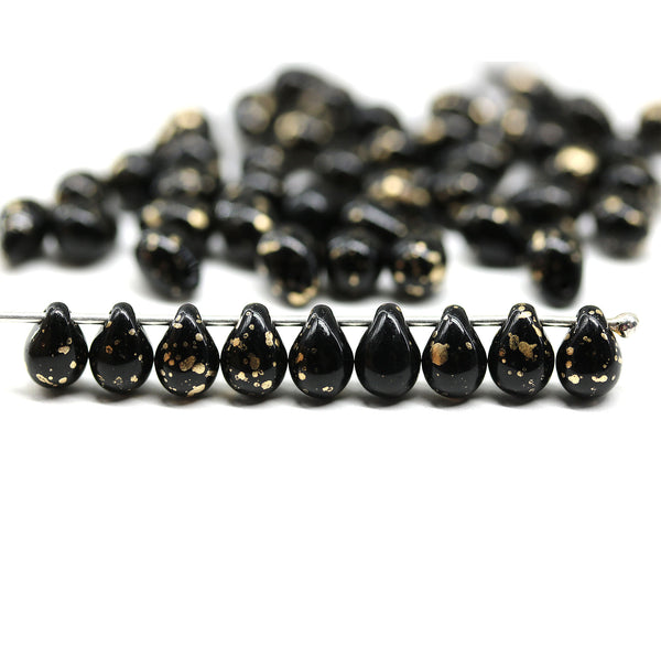 5x7mm Jet black teardrops pressed Czech glass beads, gold wash, 50pc