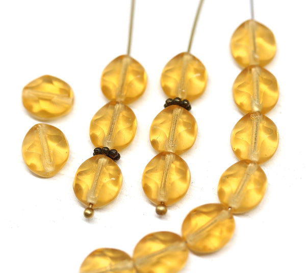 9x8mm Yellow flat oval wavy czech glass beads, 15Pc