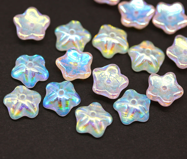 10mm Crystal clear czech glass flower caps, AB coating, 10Pc