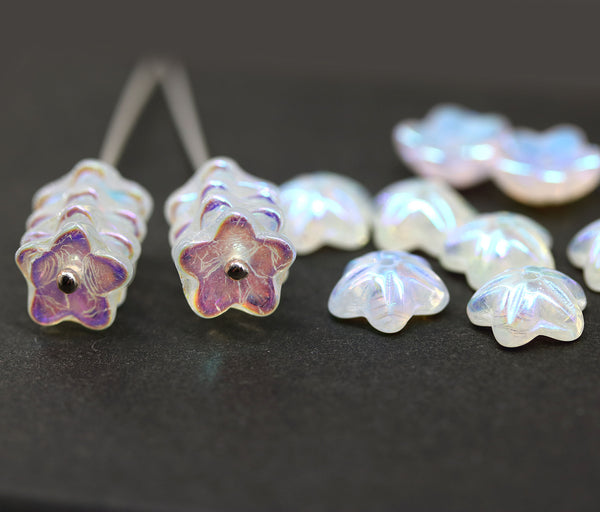 10mm Crystal clear czech glass flower caps, AB coating, 10Pc