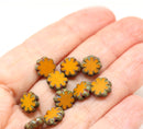 9mm Dark orange flower czech glass flat daisy beads picasso finish - 10pc