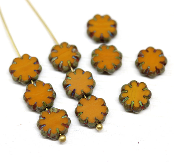 9mm Dark orange flower czech glass flat daisy beads picasso finish - 10pc