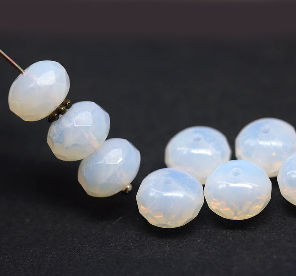 7x11mm Opal white puffy rondelle Czech glass beads, 8pc
