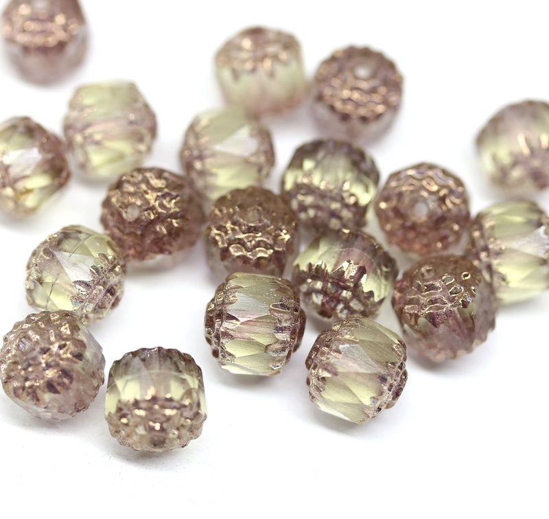 8mm Pale yellow cathedral Czech glass fire polished beads, copper ends - 10Pc