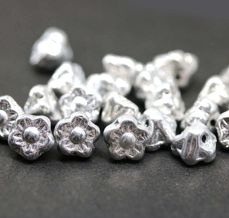 7mm Silver button style flower beads, 25pc