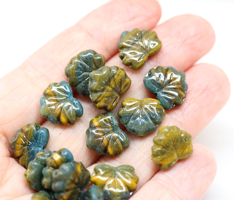 11x13mm Dark green yellow maple leaf beads, Czech glass - 15pc