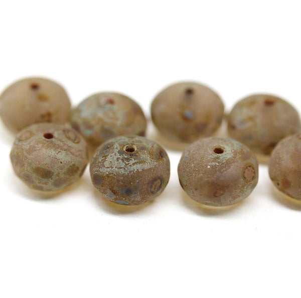 7x11mm Frosted light brown puffy rondelle picasso Czech glass beads, 8pc