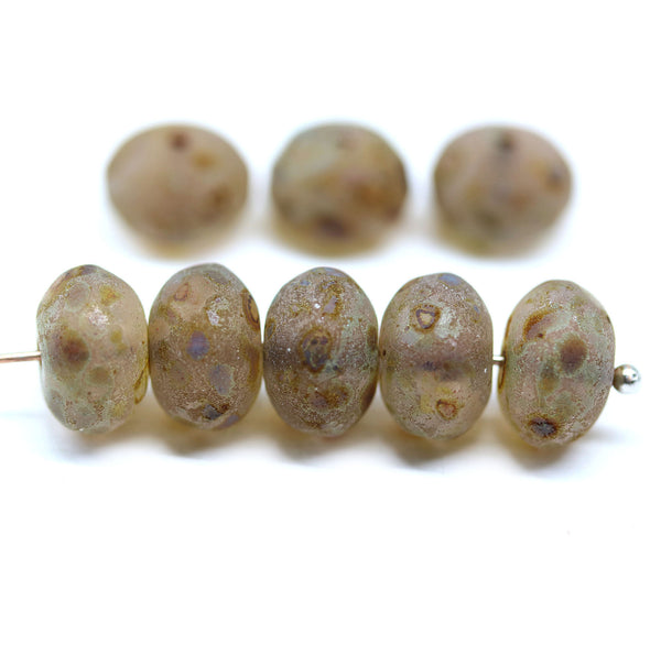 7x11mm Frosted light brown puffy rondelle picasso Czech glass beads, 8pc