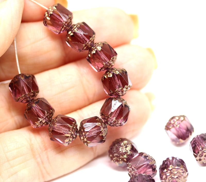 8mm Purple cathedral beads Czech glass golden ends - 10Pc