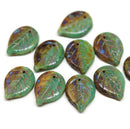 18x13mm Picasso green brown Czech glass leaves, 10Pc