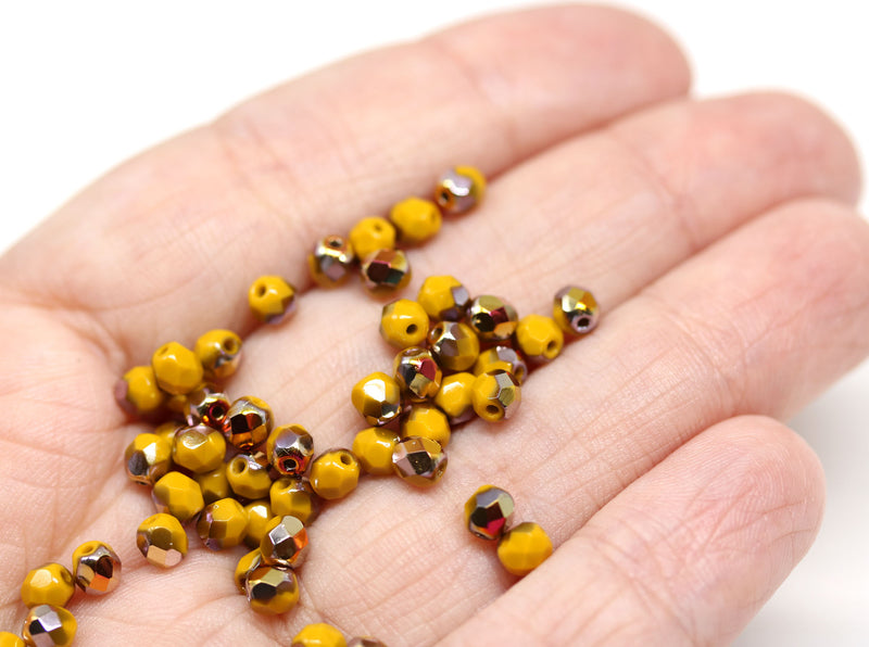 4mm Ocher yellow czech glass fire polished beads luster - 50Pc