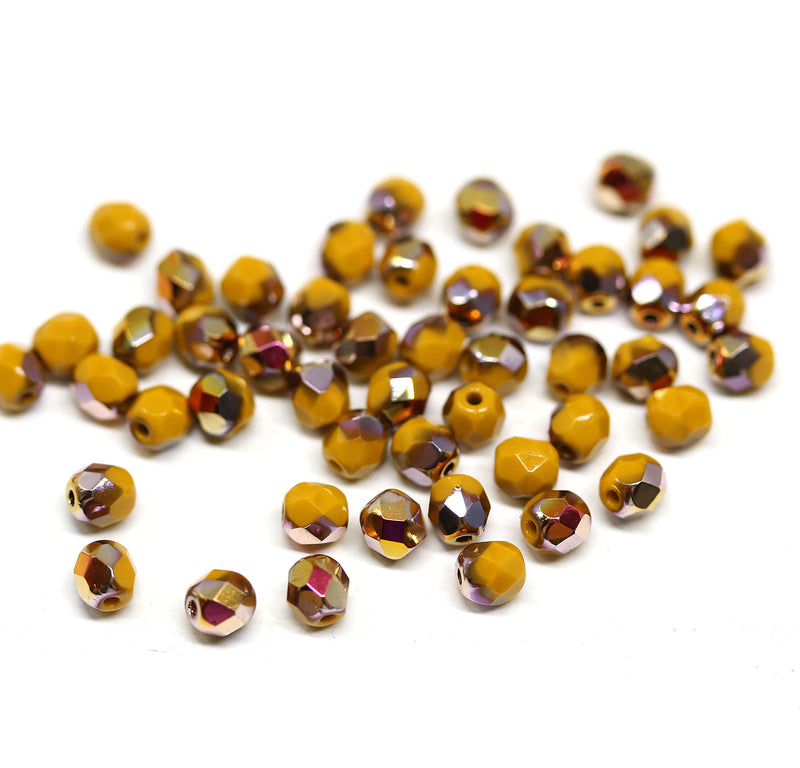 4mm Ocher yellow czech glass fire polished beads luster - 50Pc