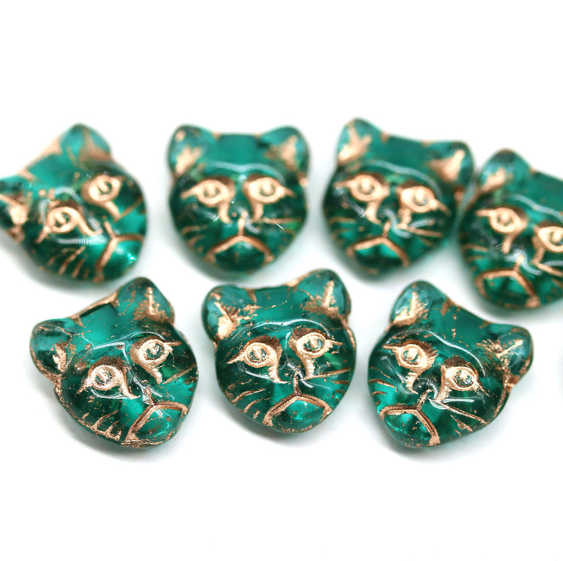 11mm Teal cat head beads, copper inlays Czech glass - 8pc