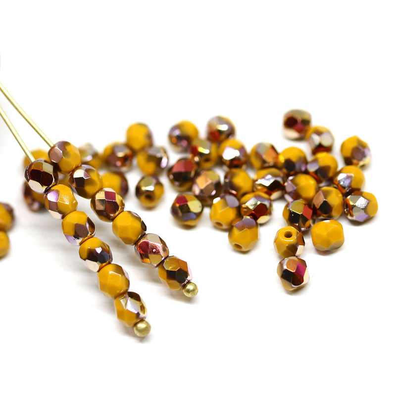 4mm Ocher yellow czech glass fire polished beads luster - 50Pc