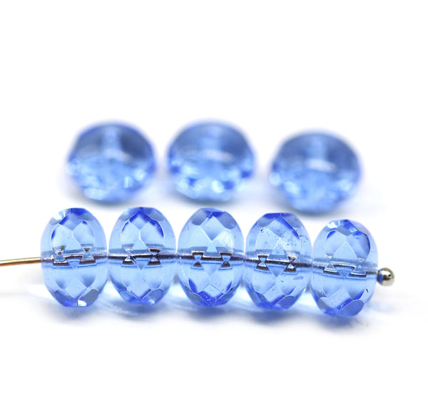 7x11mm Sapphire blue puffy rondelle Czech glass beads, 8pc