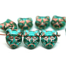 11mm Teal cat head beads, copper inlays Czech glass - 8pc