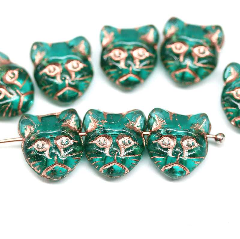11mm Teal cat head beads, copper inlays Czech glass - 8pc