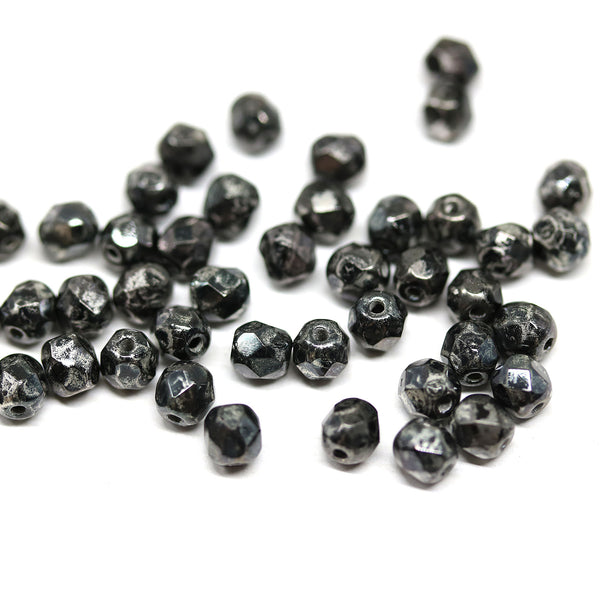 4mm Black czech glass fire polished beads silver luster - 50Pc