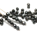 4mm Black czech glass fire polished beads silver luster - 50Pc
