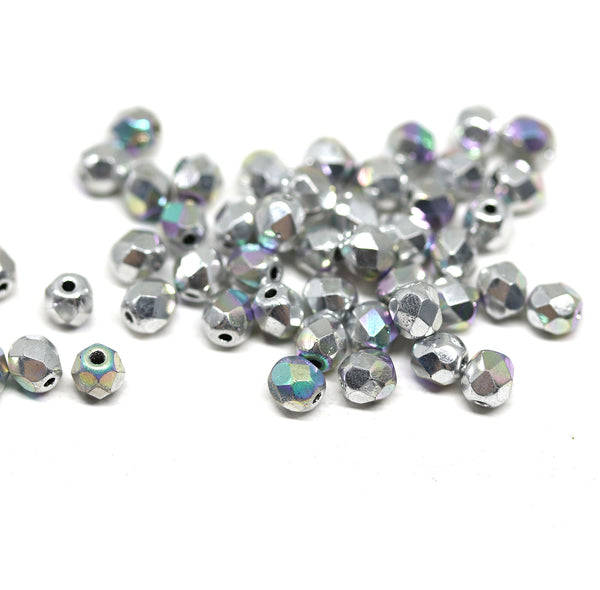 4mm Silver czech glass fire polished beads vitrail luster - 50Pc