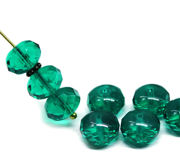 7x11mm Teal green puffy rondelle Czech glass beads, 8pc