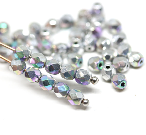 4mm Silver czech glass fire polished beads vitrail luster - 50Pc