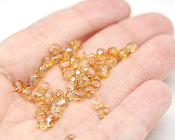 4mm Light topaz czech glass fire polished beads luster - 50Pc