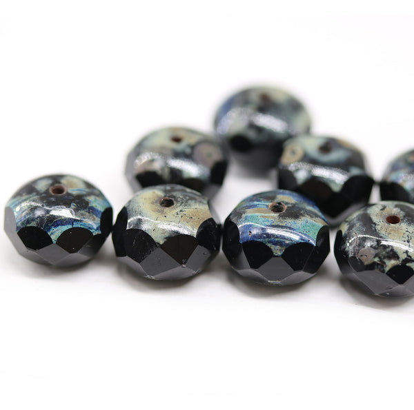 7x11mm Jet black picasso puffy rondelle Czech glass beads, 8pc