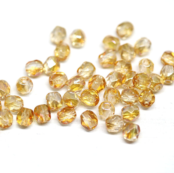 4mm Light topaz czech glass fire polished beads luster - 50Pc