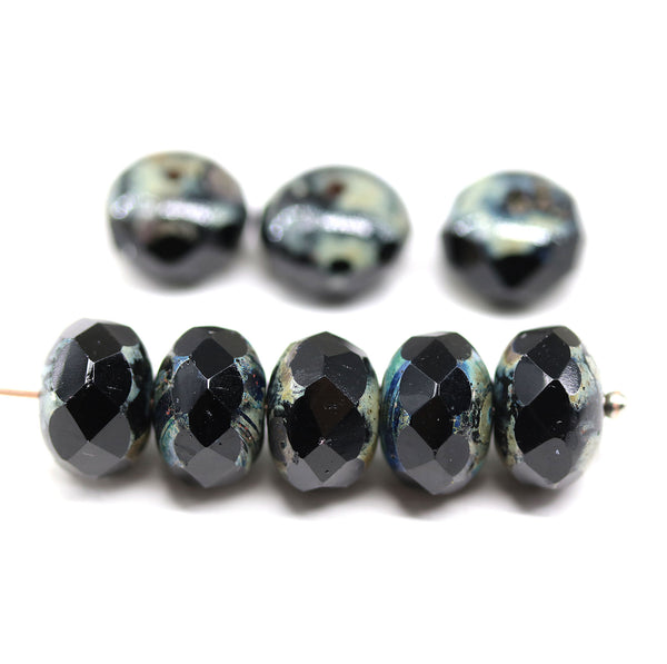 7x11mm Jet black picasso puffy rondelle Czech glass beads, 8pc