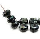 7x11mm Jet black picasso puffy rondelle Czech glass beads, 8pc