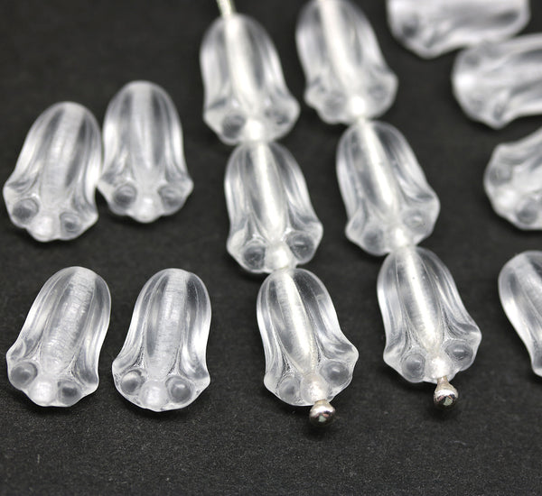 12x8mm Frosted clear tulip beads, Czech glass flower - 20Pc