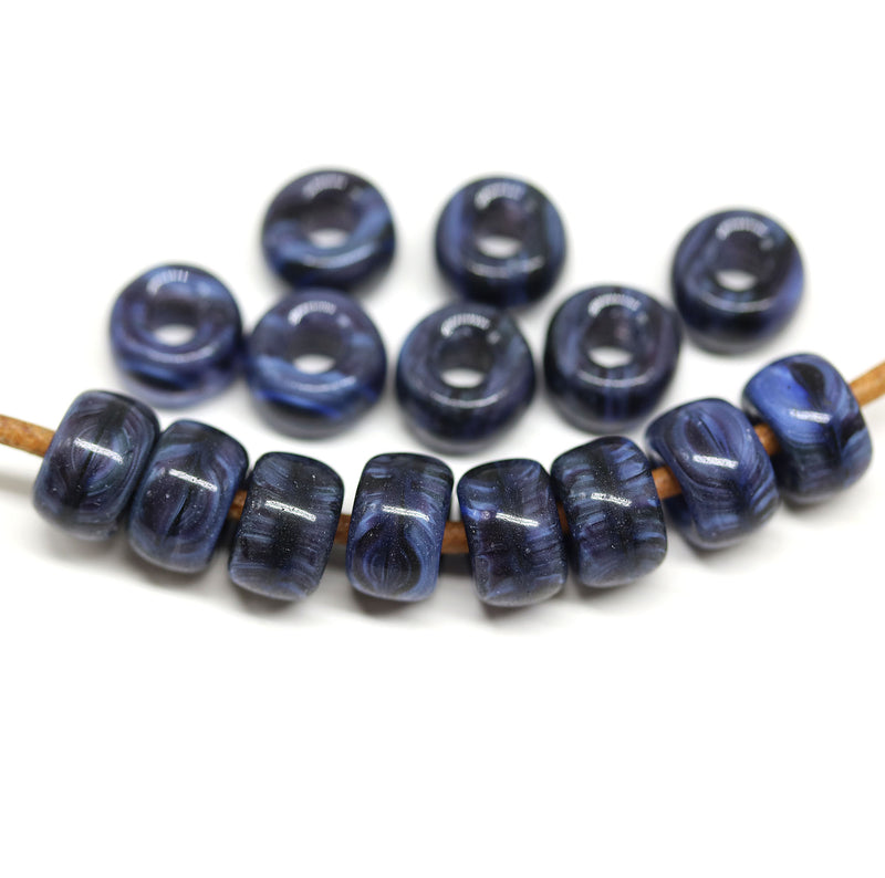 9mm Dark blue czech glass pony beads, 3mm hole - 15pc
