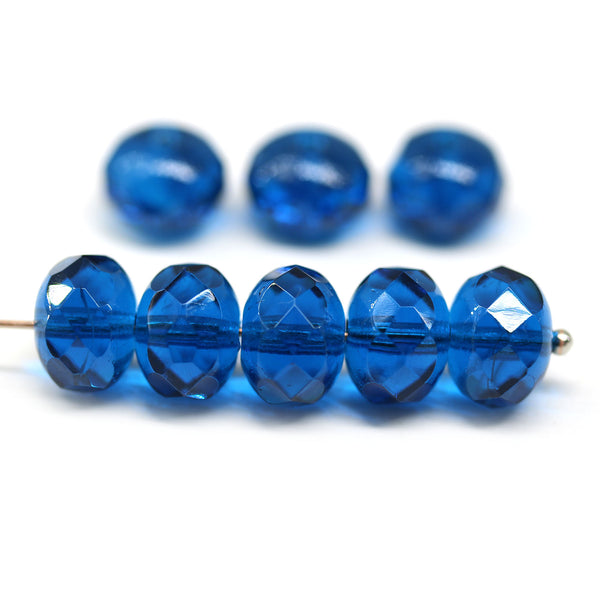7x11mm Capri blue puffy rondelle Czech glass beads, 8pc