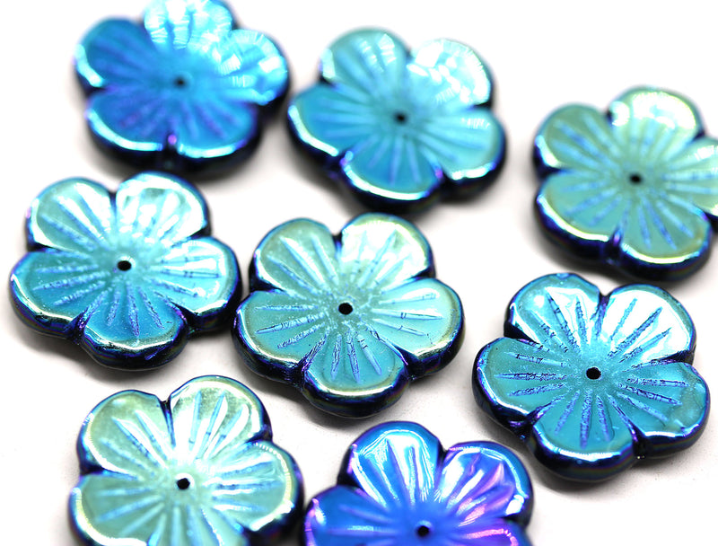 20mm Large black Czech glass flower beads Blue luster, 4Pc