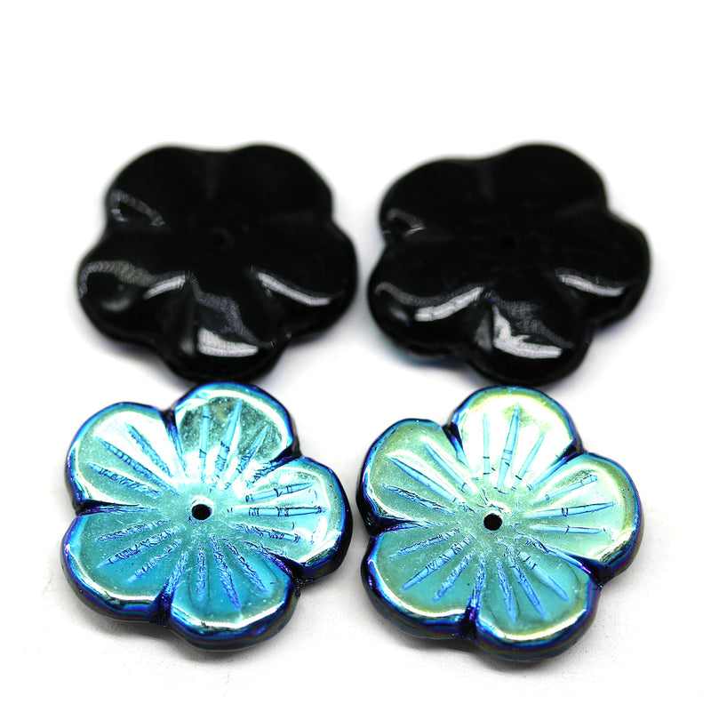 20mm Large black Czech glass flower beads Blue luster, 4Pc