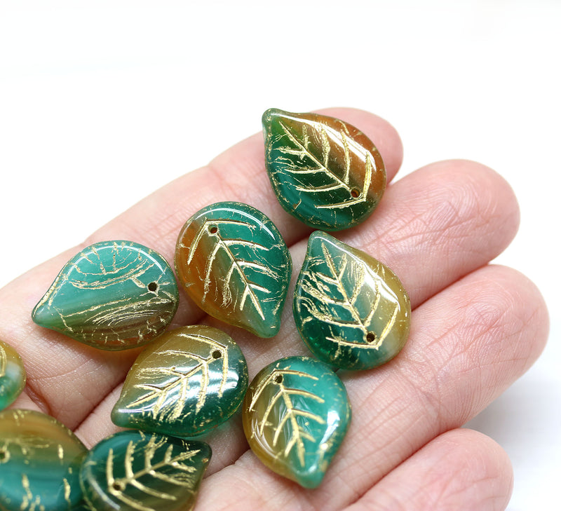 18x13mm Green yellow gold wash Czech glass leaves, 10Pc