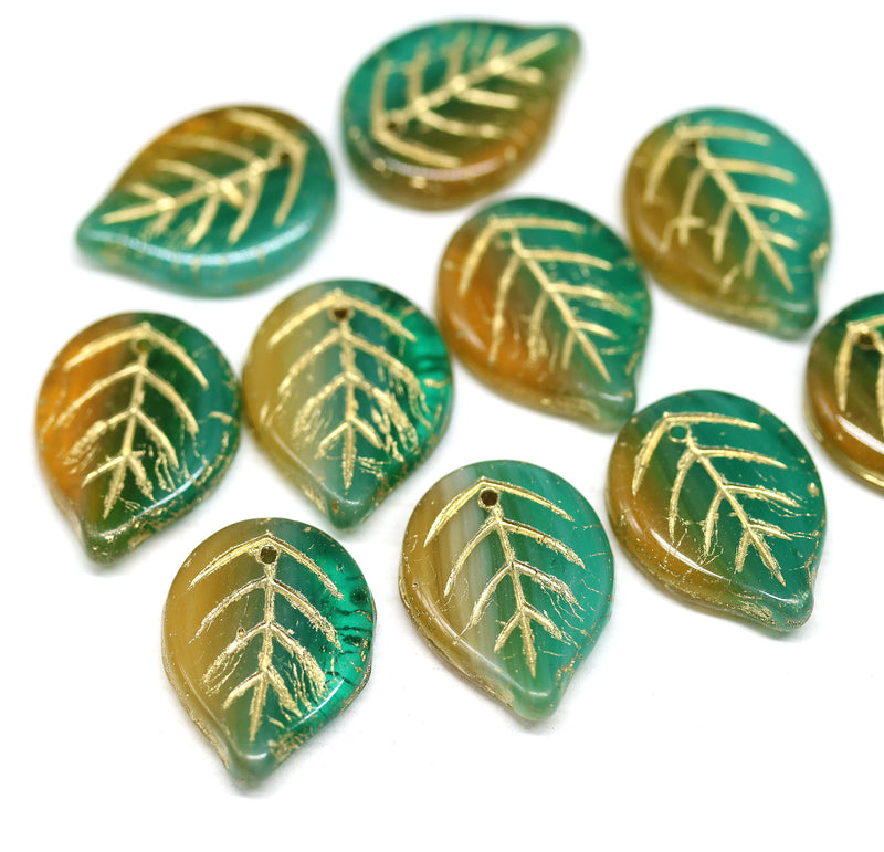 18x13mm Green yellow gold wash Czech glass leaves, 10Pc
