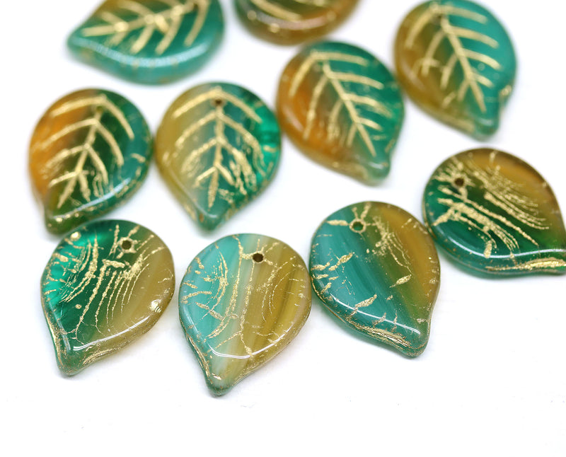 18x13mm Green yellow gold wash Czech glass leaves, 10Pc