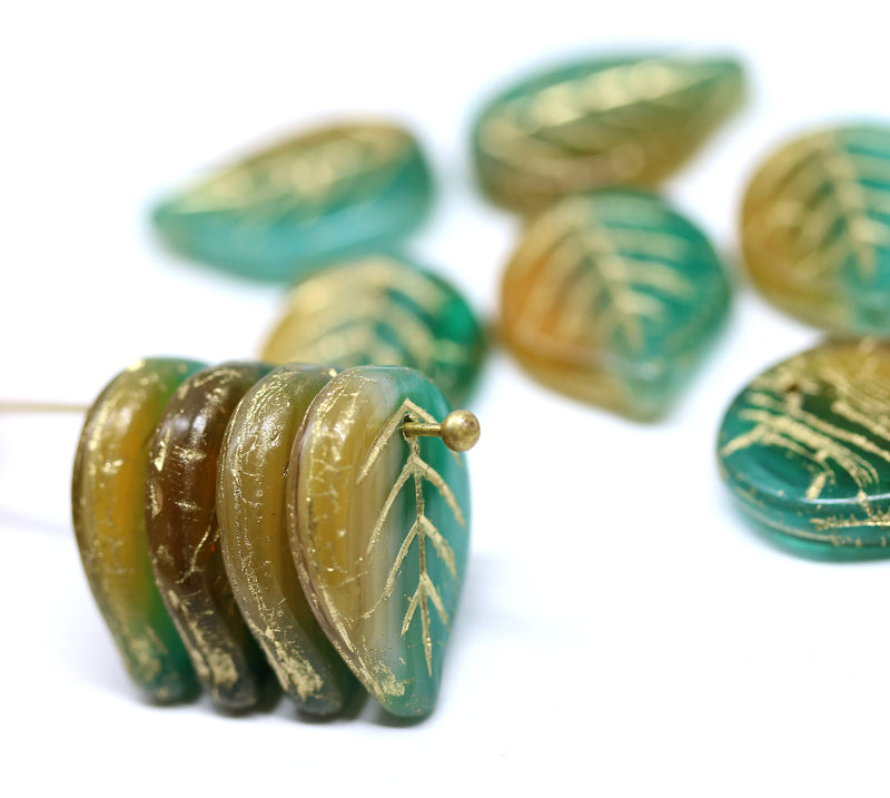 18x13mm Green yellow gold wash Czech glass leaves, 10Pc