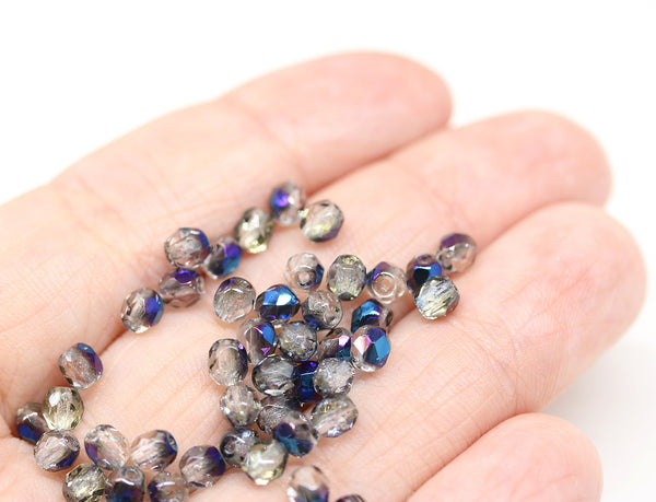 4mm Gray czech glass fire polished beads blue luster - 50Pc